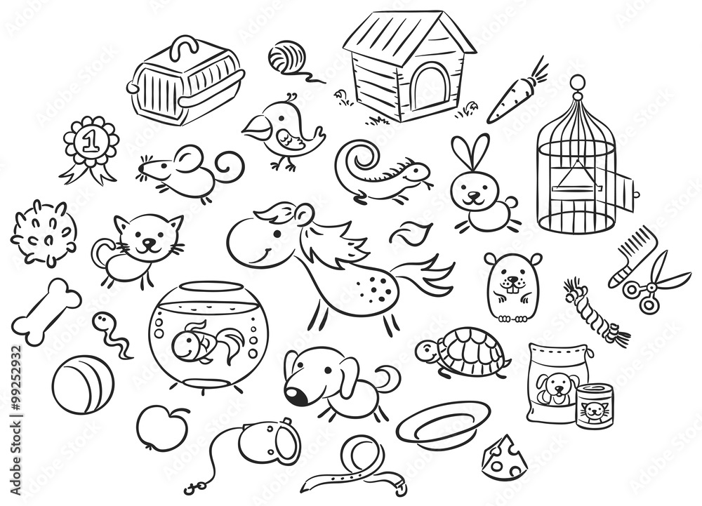 Set of black and white cartoon pet animals with accessories, toys and food