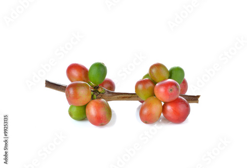 Red coffee beans , ripe berries isolated on white background