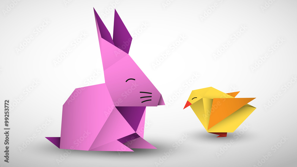 królik i pisklę origami wektor - obrazy, fototapety, plakaty 