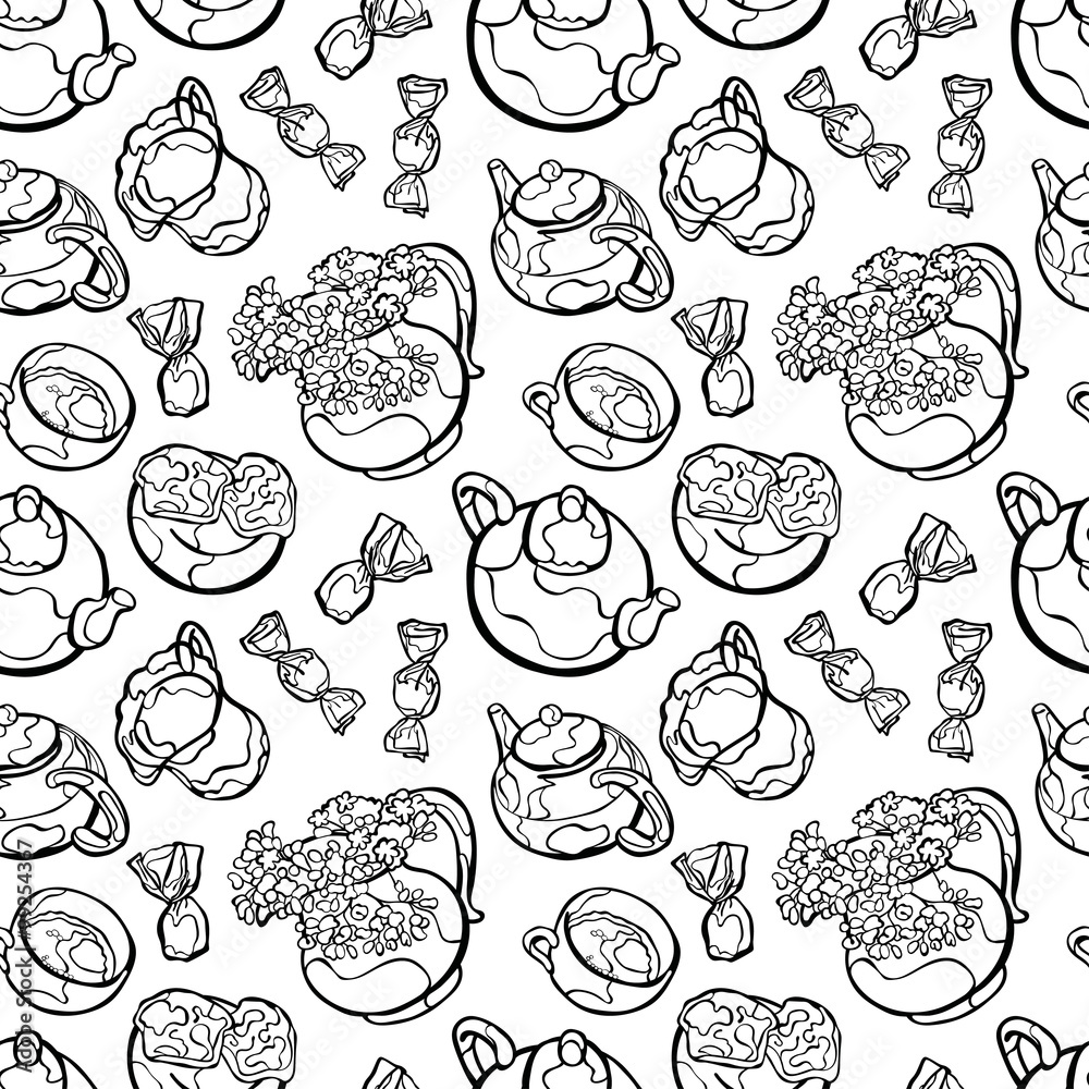 Kettle. Teapot. Cup of tea. Tea with lemon and lemon juice. Cupcakes and candy. Vase with Flowers. Vector seamless pattern (background). Kettle. Teapot. Cup of tea. Tea with lemon and lemon juice. Cupcakes and candy. Vase with Flowers. Vector seamless pattern (background).