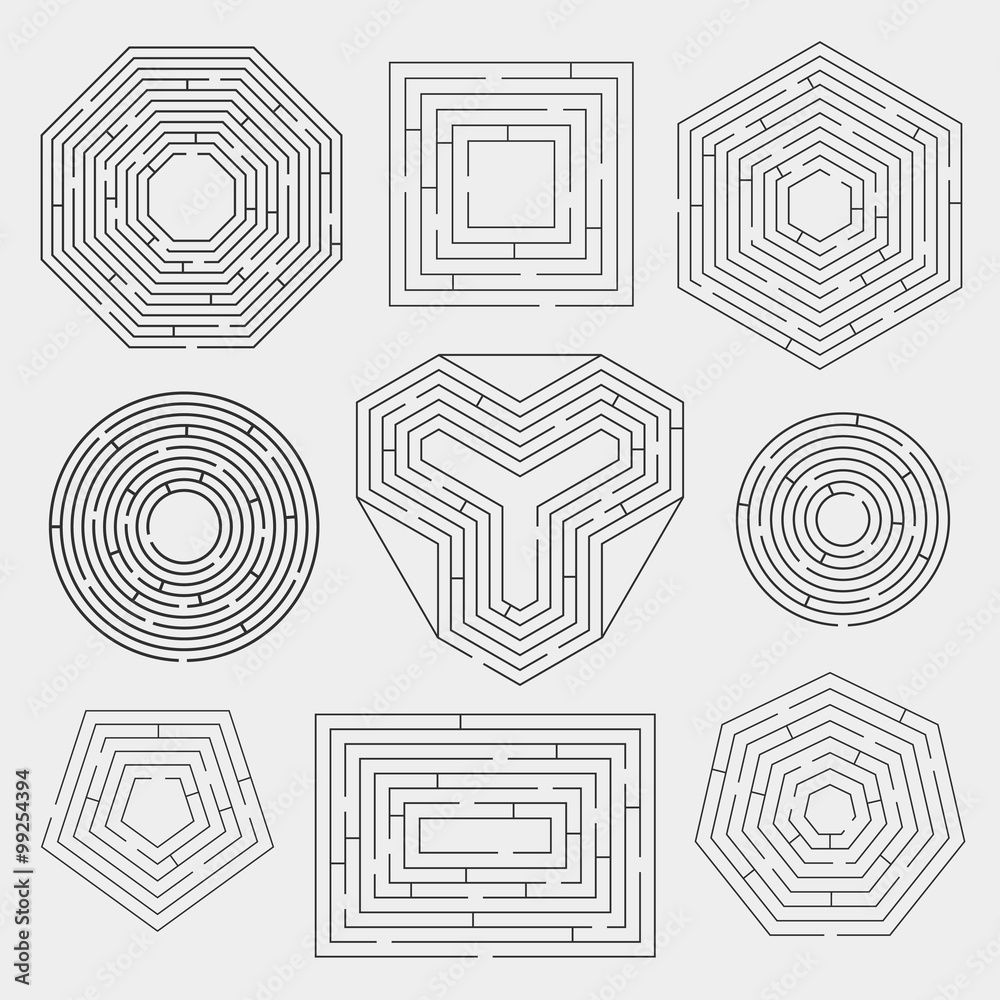 Vector set of nine variety labyrinths. Isolated on white background ...