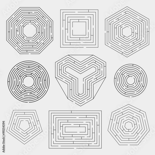 Vector set of nine variety labyrinths. Isolated on white background, eps 8.