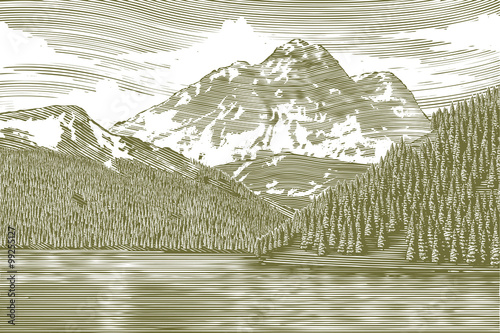 Woodcut-style illustration of a mountain lake landscape.