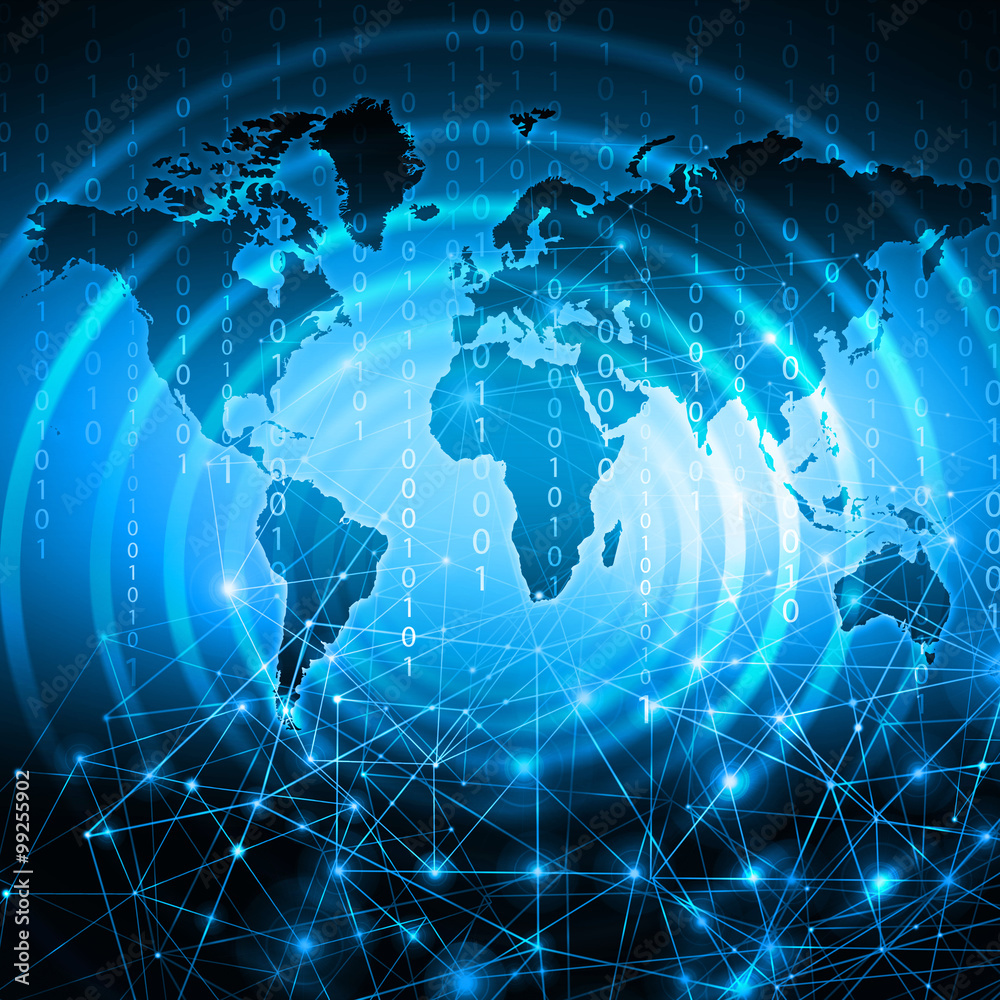 World map on a technological background, glowing lines symbols of the Internet, radio, television, mobile and satellite communications. World map on a technological background, glowing lines symbols of the Internet, radio, television, mobile and satellite communications.