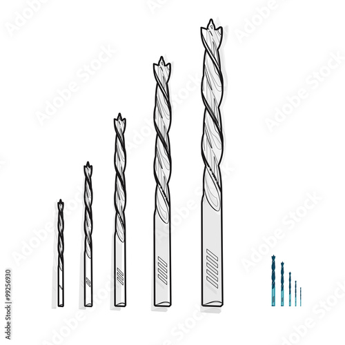 Wire nice classical metal drills on white – Black and white construction tools – flatten illustration master vector icon