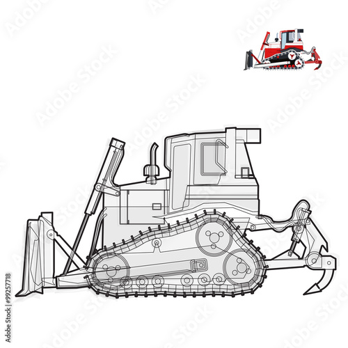 Black and white wire big digger builds roads. Digging of coal, waste rock and gravel on white. Black and white construction flatten illustration master vector icon equipment element Truck Extravator