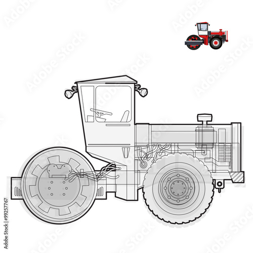 Black and white wire big roller builds roads. Big steamroller roadroller sand waste rock and gravel on white. construction flatten illustration master vector icon equipment element Truck Extravator