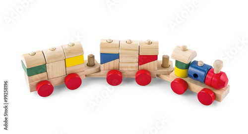 Wooden toy train with colorful blocs isolated over white with cl