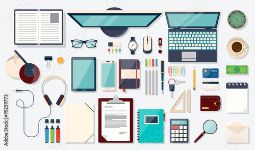 Top view elements. Desk background with laptop, digital devices, office objects, books and documents