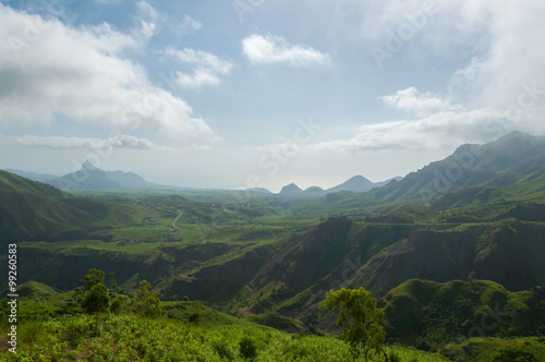 Green valley mountain hill with mist and fog cloud on cape verde island