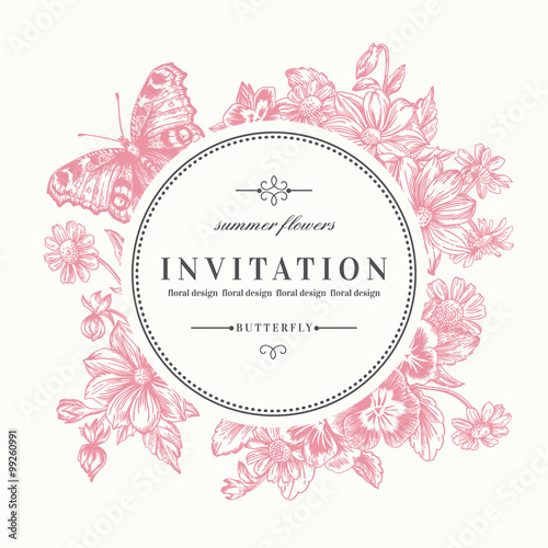 Round frame with flowers and butterfly.