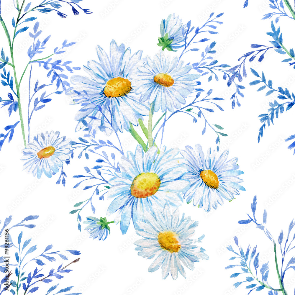 seamless pattern, flowers, watercolor, flower, camomile - obrazy, fototapety, plakaty 