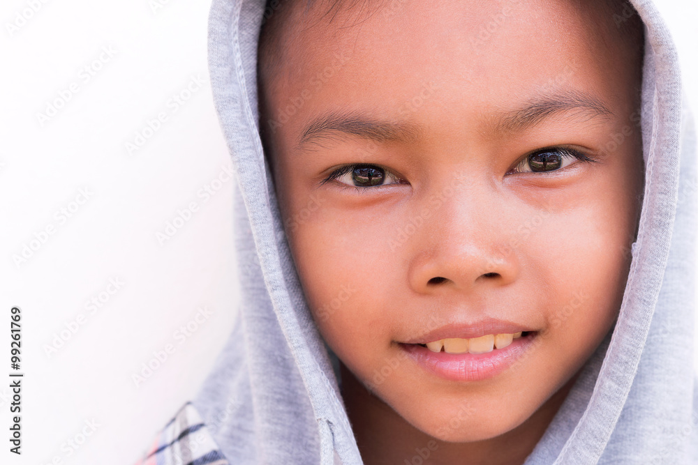 Cute Asian boy wearing hooded sweatshirt. Isolated on white. Cute Asian boy wearing hooded sweatshirt. Isolated on white.