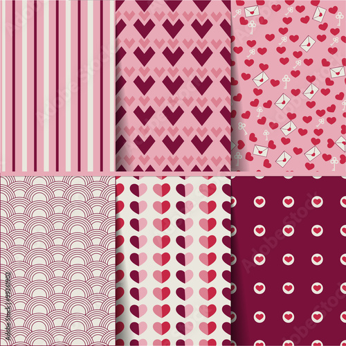 6 Heart shape vector seamless patterns (tiling). Endless texture can be used for printing onto fabric and paper or scrap booking. Valentines day background for invitation. 