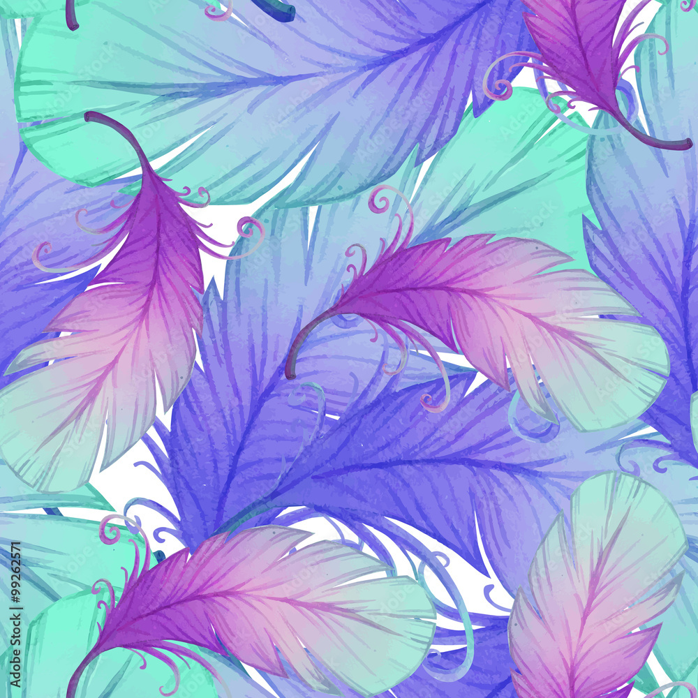 Watercolor seamless pattern with bird feathers.