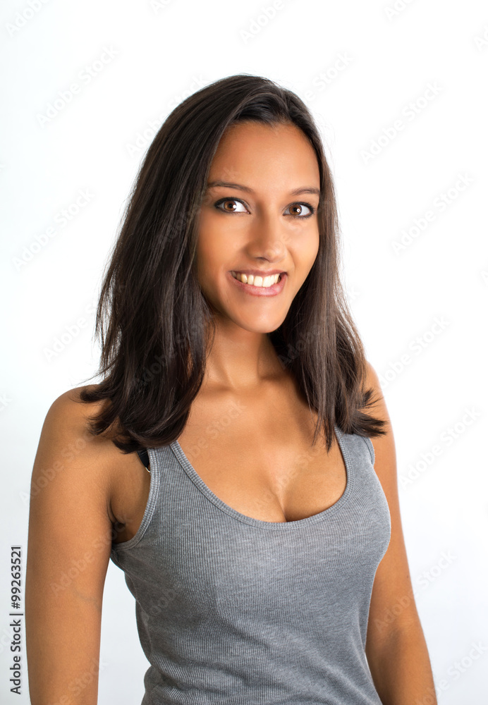 Smiling Brunette Woman Wearing Tank Top Stock Photo