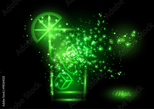 Mojito cocktail design concept - cocktail glass with lime, mint and ice bursting into shining lights of green shades. Shining concept of fun and nice time on crazy party.