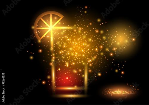 Tequila sunrise cocktail design concept - cocktail glass with lime bursting into shining lights of orange and red shades. Shining concept of fun and nice time on crazy party.