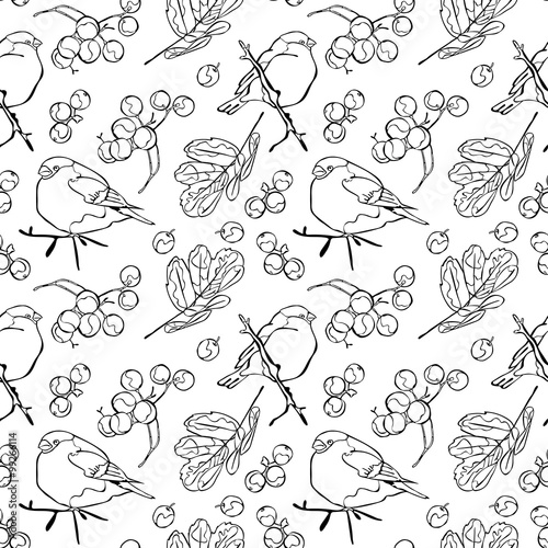 Bullfinches and rowan. Winter pattern. Vector seamless pattern (background).