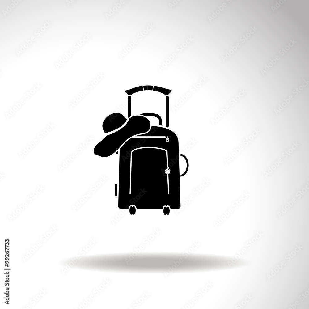 Vector illustration with travel suitcase and beach hat.