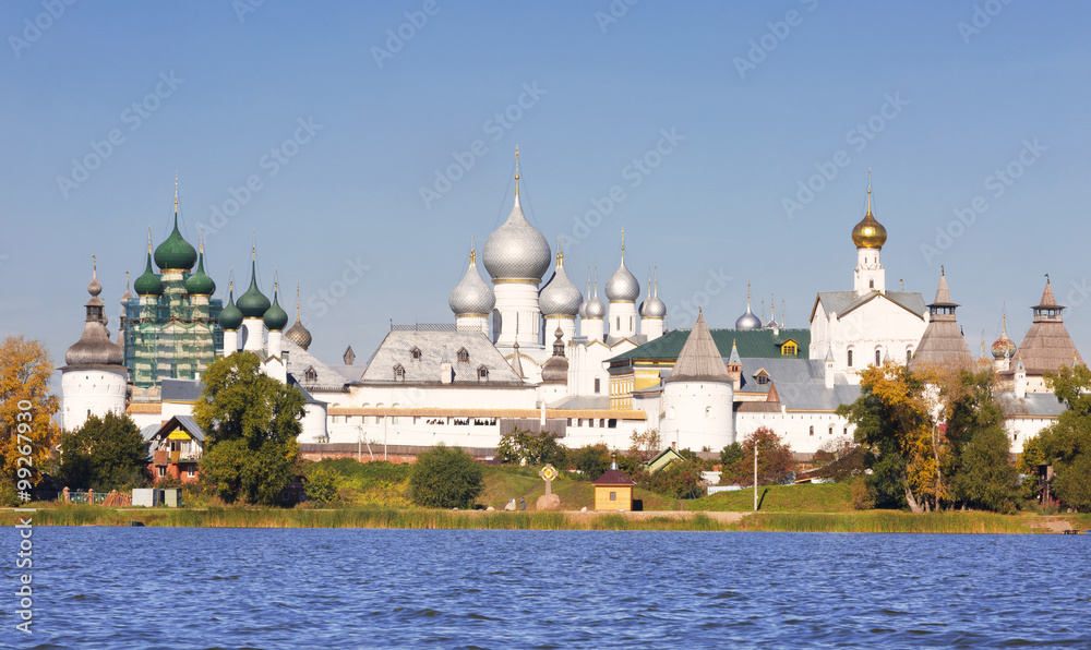 Panorama Kremlin of Rostov the Great, view from the lake Nero, Russia