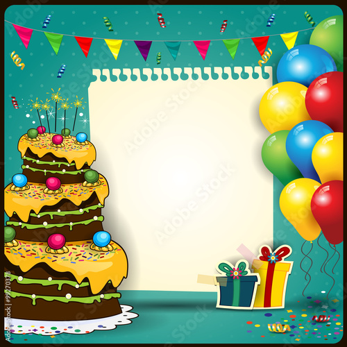 Happy birthday with a sheet of paper and cake