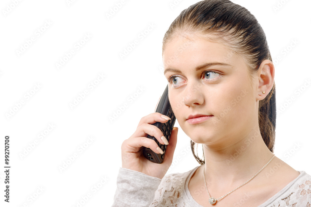 Young elegant woman talking on phone isolated on the white backg Young elegant woman talking on phone isolated on the white backg
