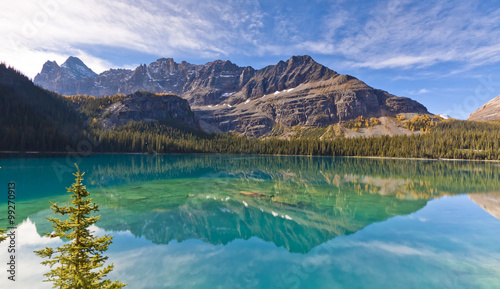 scenic view of reflections in lake ohara in the mountains