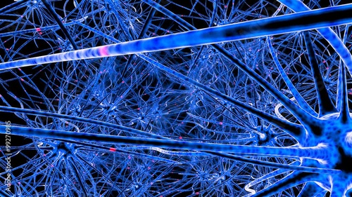 Neuron network. Neuron structure sending electric impulses and communicating with each other. 3D animation