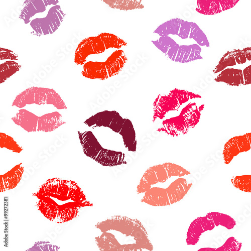 Seamless pattern with lipstick kisses.