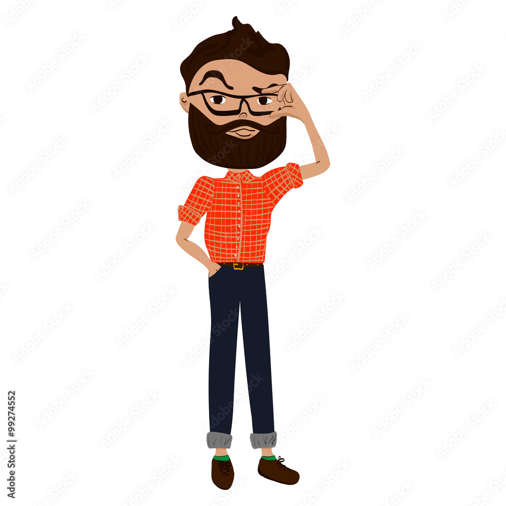 Cute Hand Drawn Vector Brunette Hipster Guy in Flat Design