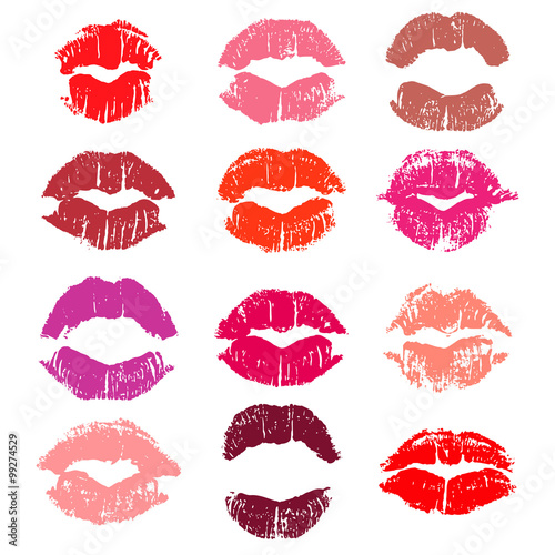 Set of 12 colorful imprints of lipstick. 