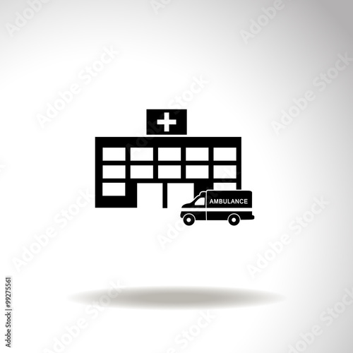 Hospital with ambulance vector icon.