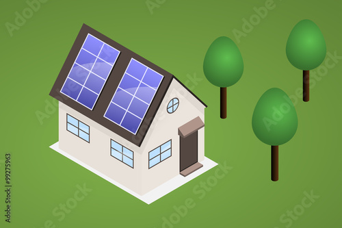 Isometric house on lawn with trees. House has solar panels on th