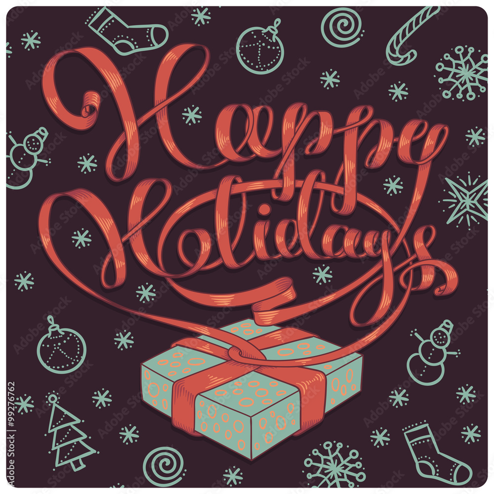 Happy Holidays postcard. Letters from ribbon with gift box.