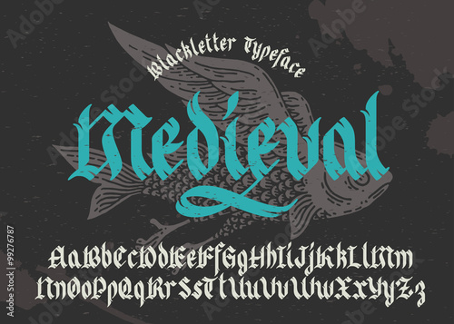 Gothic medieval typeface. Black-letter fracture font with flying fish illustration.