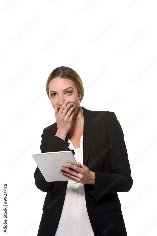 Woman using a tablet isolated on white Woman using a tablet isolated on white