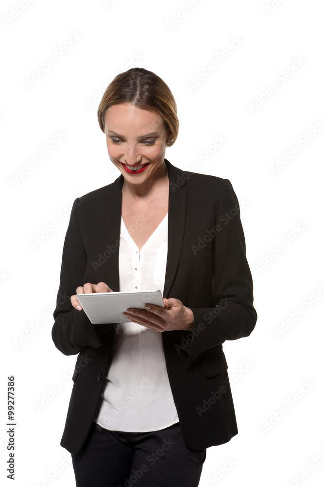Woman using a tablet isolated on white Woman using a tablet isolated on white