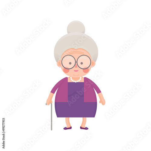 Vector Illustration of Old Woman in Purple Dress with Walking Stick 