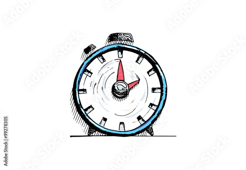Hand drawn colored alarm clock on white background. Vector illustration.