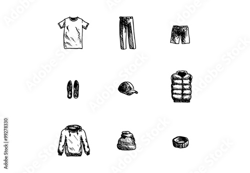 Hand drawn male clothes set on white background. Vector illustration.
