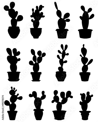 Black silhouettes of cactus at potted, vector