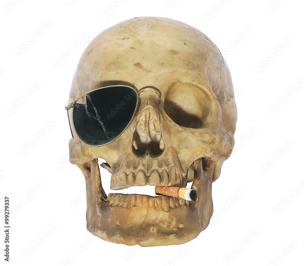 Obraz premium Skull head / Skull head with cigarette in mouth on white background.