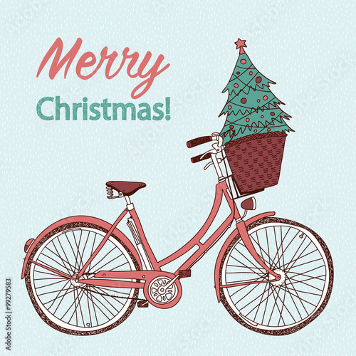 hand drawn vector lady's city bike with basket and christmas tre