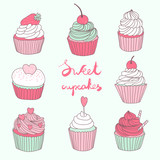hand drawn vector set with cute cupcakes