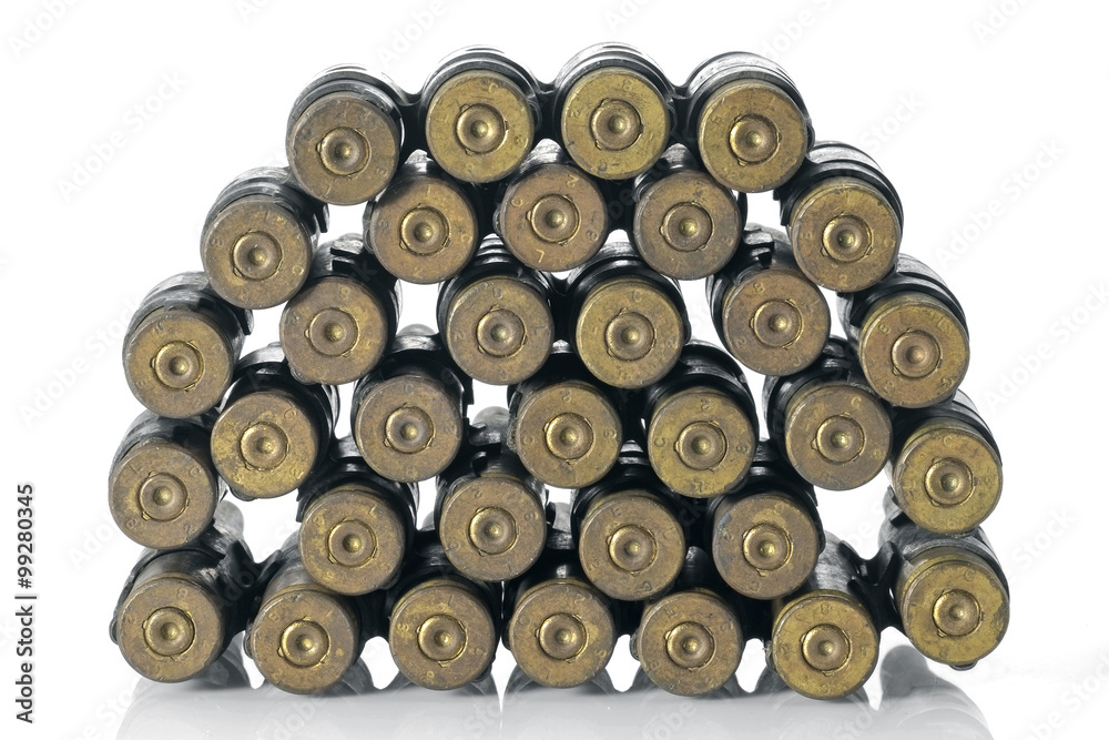 Fototapeta premium Chain of cartridges, used / Chain of cartridges, used on white background.