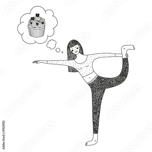 vector hand drawn illustration with a cute girl doing yoga and t