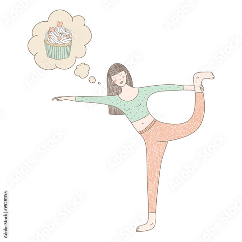vector hand drawn illustration with a cute girl doing yoga and t