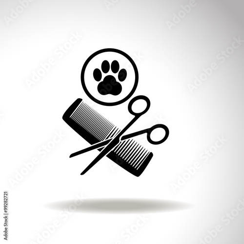 Animal grooming vector icon with paw, hairbrush and scissors, an