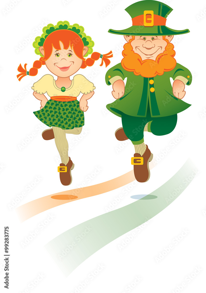 Irish leprechauns wearing the colors of the Irish flag and dancing a jig